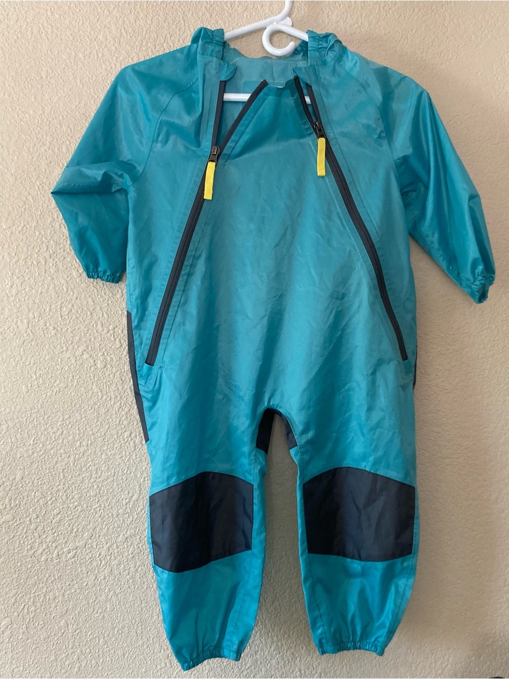 Teal Kids Waterproof One-Piece Rain Suit with Black Knee Patches